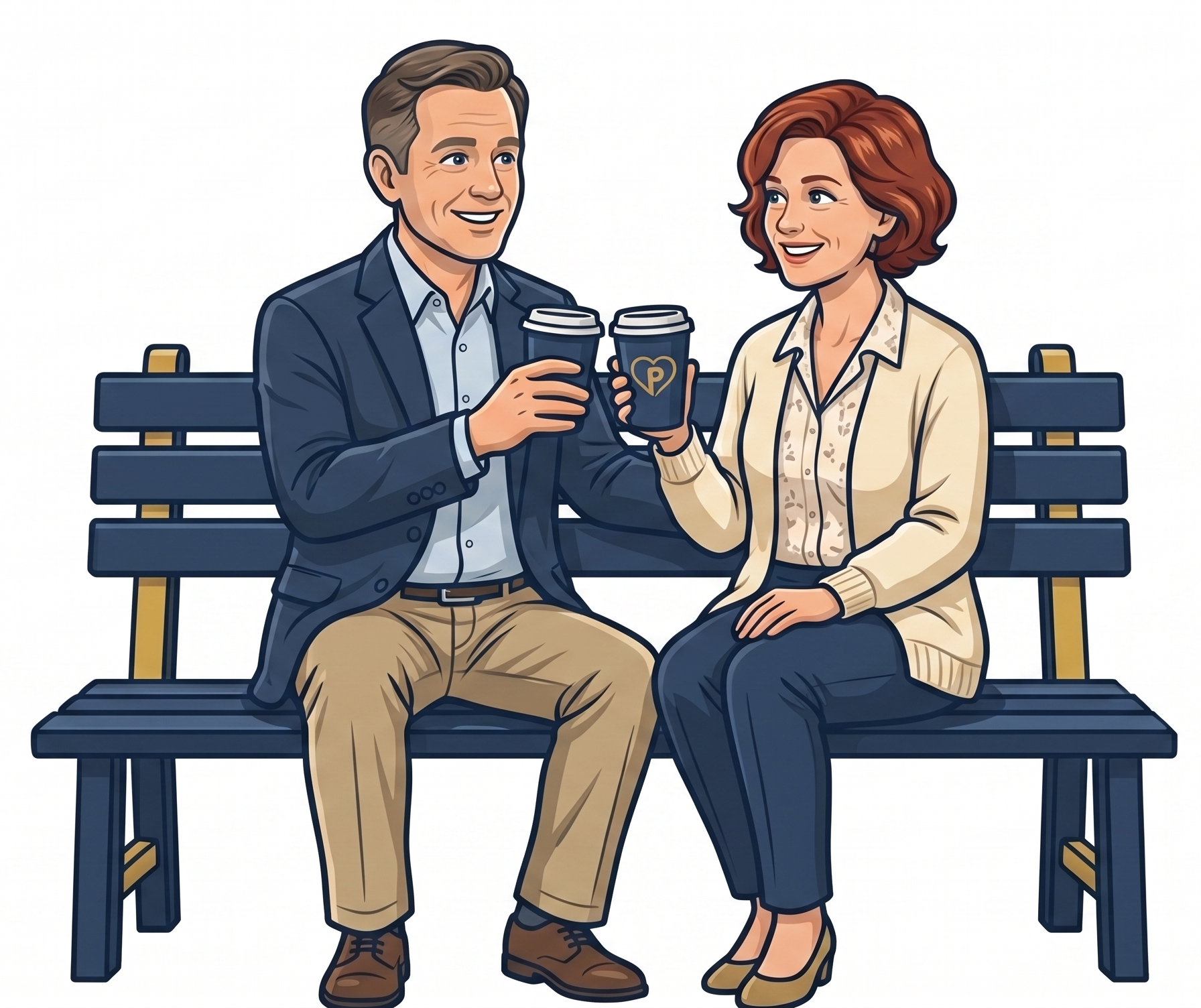 Happy older couple toasting coffee on a bench