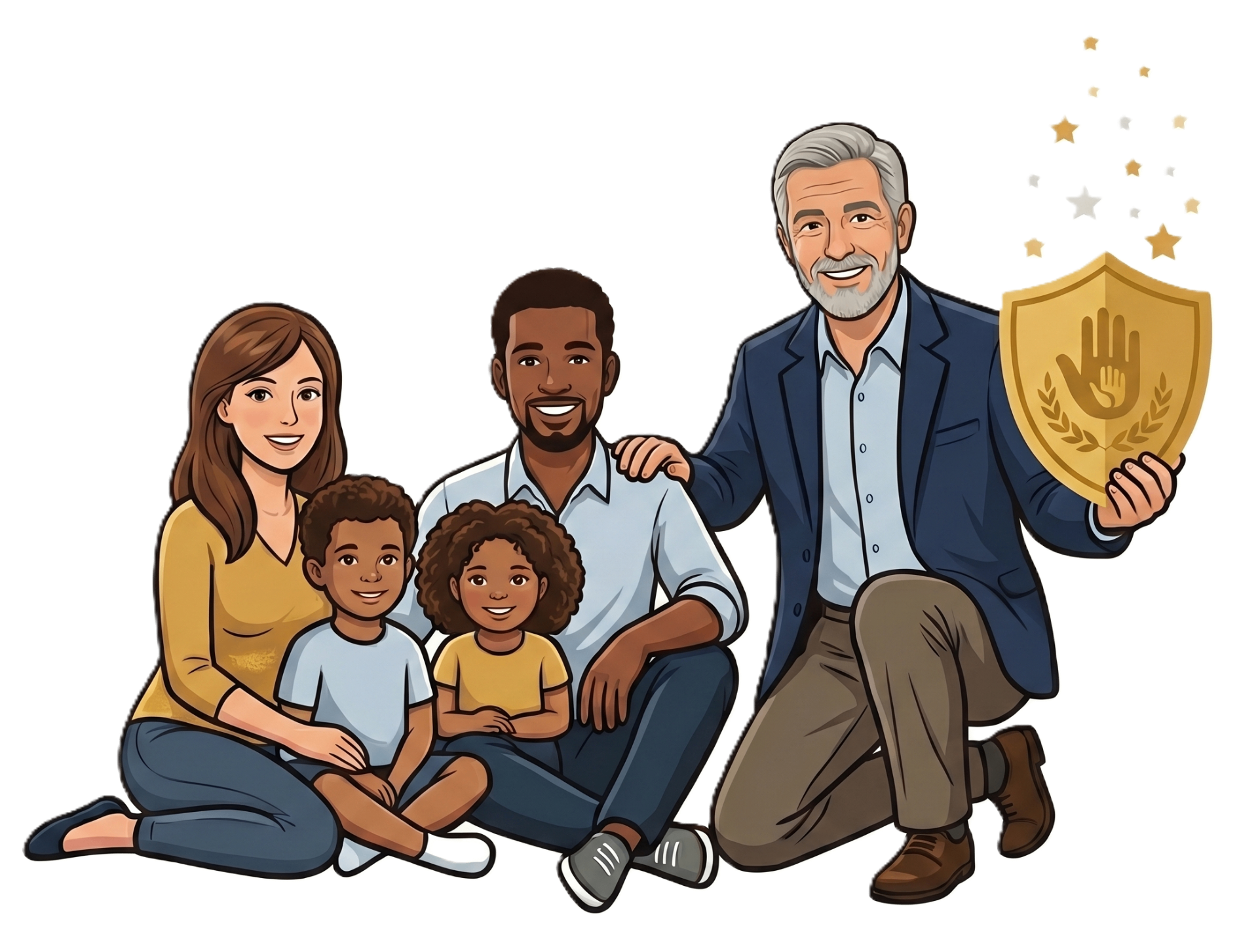 Family with grandfather holding shield